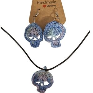 Hand Crafted 100% Cotton Crochet Blue Skulls Jewelry Set Halloween werable Art